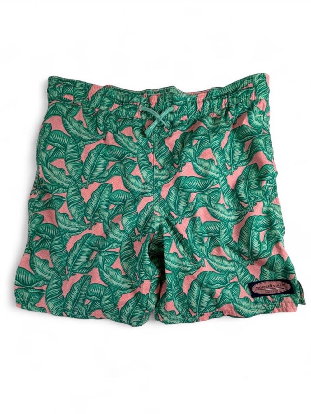 Vineyard Vines Green Leaf Print Swim Trunks on Pink